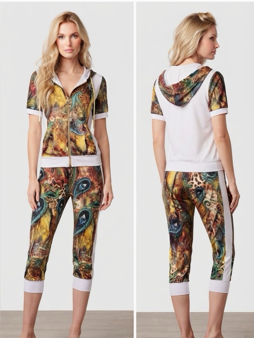 NWT WOMEN SET HOODED JACKET/CAPRI ZIPPED SHORT SLEEVES LIGHTWEIGHT LOUNGEWEAR‎